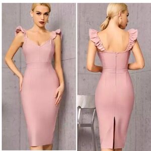 Blush Pink Bandage Bodycon Midi Dress Ruffle Strap Cocktail Wedding Guest M